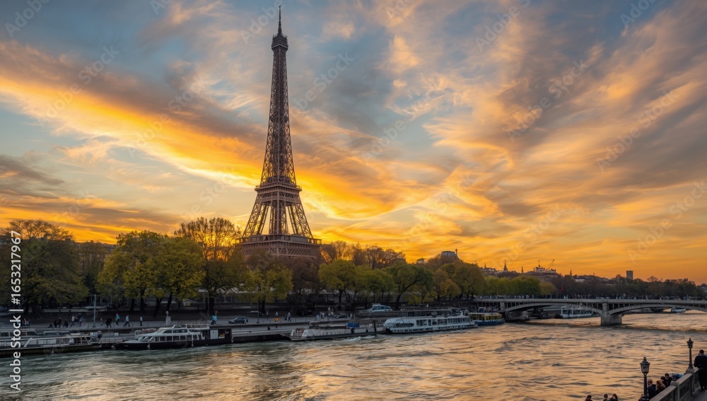 Fototapeta premium Eiffel tower at sunset with seine river and boats and bridge in paris france landscape view