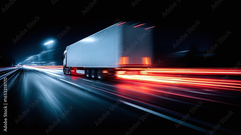 Long exposure captures a large truck speeding down a highway at night, surrounded by streaks of light, creating a sense of dynamic motion and speed.