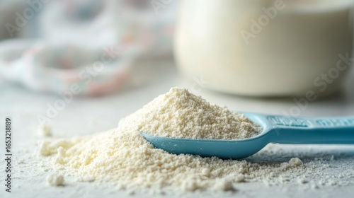 Close up of baby milk formula with powder and blue spoon on light background for infant feeding