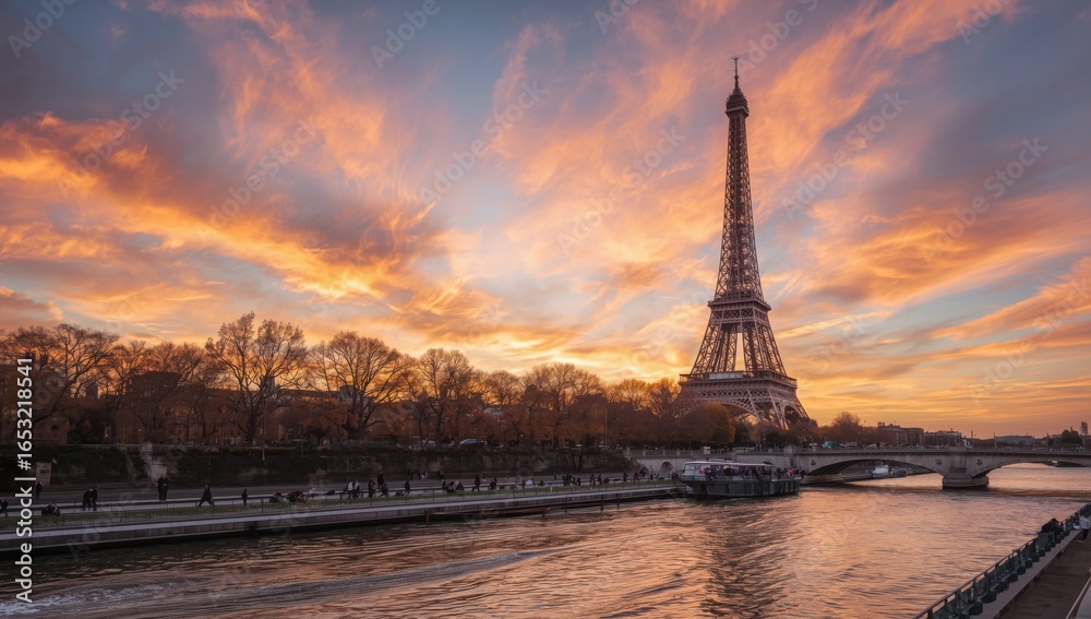 Fototapeta premium Eiffel tower view at sunset over the seine river in paris with colorful clouds in the sky above