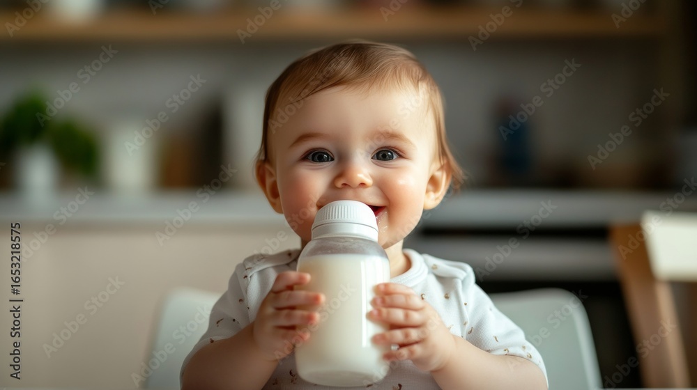 Happy toddler drinks milk from a bottle in a cozy kitchen, capturing joyful childhood moments Happy toddler drinks milk from a bottle in a cozy kitchen, capturing joyful childhood moments