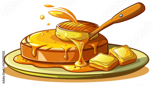 Rich honey butter being spread on warm cornbread with a shining golden gloss white background