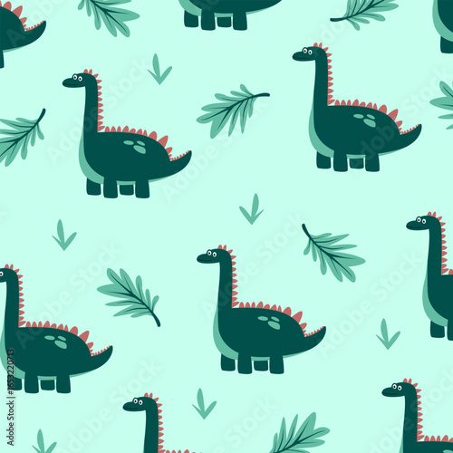 brontosaurus dinosaur fullprint fabric seamless pattern vector design green