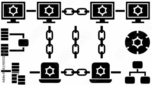 Depiction of a blockchain network with computers chains and data structures in a black and white style |  editable eps vectors silhouette