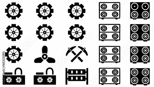 Collection of black and white mining related icons including gears, rigs, fans, and crossed picks |  editable eps vectors silhouette