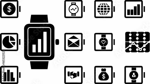 Illustration of a smartwatch displaying various icons representing different applications and functions on wrist |  editable eps vectors silhouette