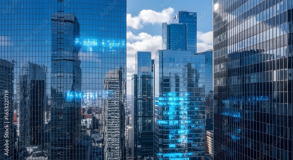 Obraz premium Drone flyover of skyscrapers with illuminated windows against a darkening sky