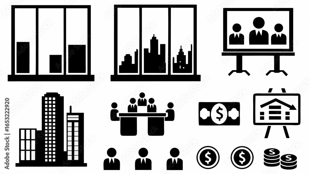 Fototapeta premium Illustration of business elements including charts meeting buildings and financial indicators viewable in black | editable eps vectors silhouette