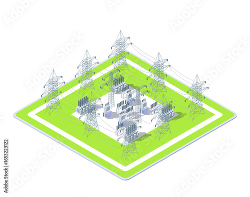 Cartoon Color Electric Substation Object Industrial Energy Building Concept 3d Isometric View Isolated on a White. Vector illustration