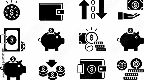 Illustration showing financial icons including coins wallet piggy banks and currency symbols in black |  editable eps vectors silhouette