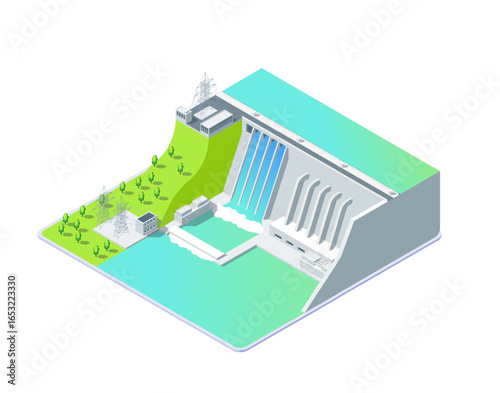 Cartoon Color Hydroelectric Power Station Object Industrial Energy Building Concept 3d Isometric View Isolated on a White. Vector illustration