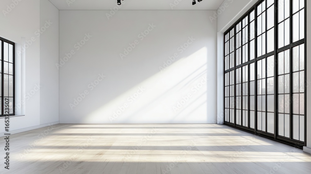 Obraz premium Minimalist bedroom with a large empty wall and big windows.