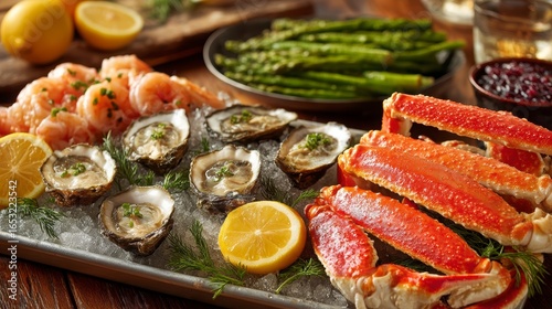 Fresh Seafood Platter with Oysters, Crab, Shrimp, and Asparagus