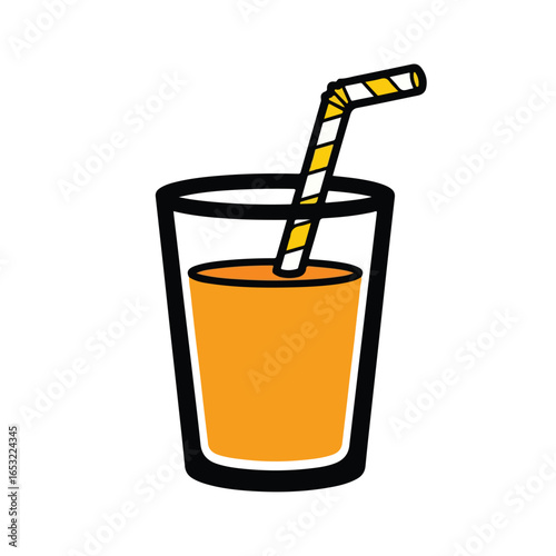 Cartoon illustration of orange juice in a glass with straw