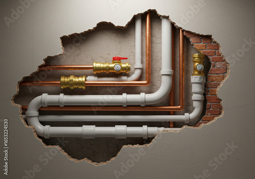 Exposed plumbing pipes with valves and fittings visible through damaged wall surface view