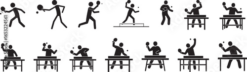 Table Tennis Player Stick Figure Vector Set. Ping Pong Icons.