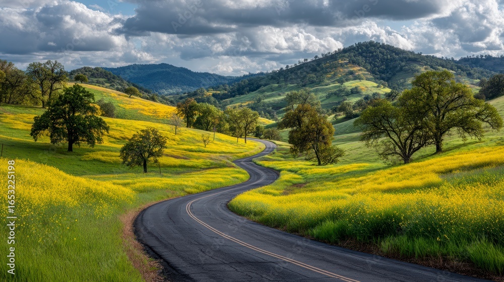 Naklejka premium Serene winding road through vibrant yellow flower fields and hills