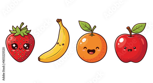 Whimsical Fruits with Adorable Faces on a Clean White Background