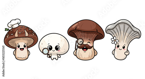 Whimsical Mushroom Character Collection with Different Styles and Personalities