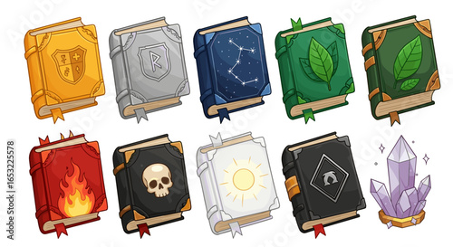 Cartoon illustration showing fantasy books and crystal with various themes.