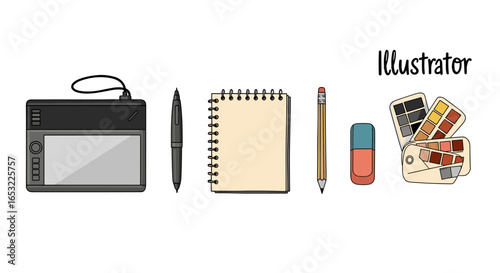Graphic designer's tools featuring tablet, pen, notebook, pencil, eraser and color palette.
