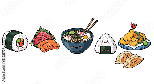 Adorable Cartoon Japanese Food Lineup on White Background