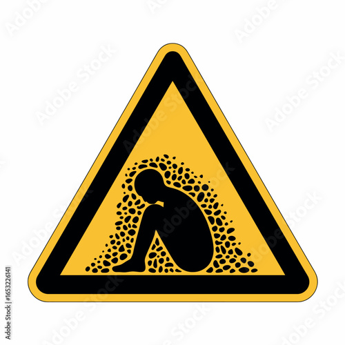Warning sign depicting a person in distress surrounded by granular material