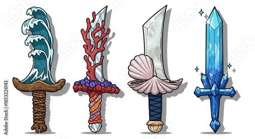 Four Unique Elemental Swords With Water, Coral, Shells, and Crystal Designs