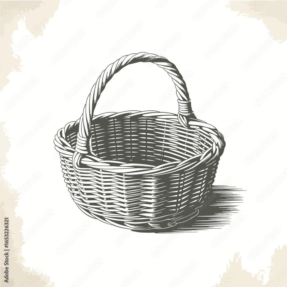 Obraz premium Woven willow basket with handle isolated on white background
