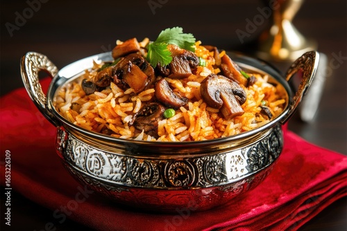 Exquisite Mushroom Biryani in Ornate Bowl