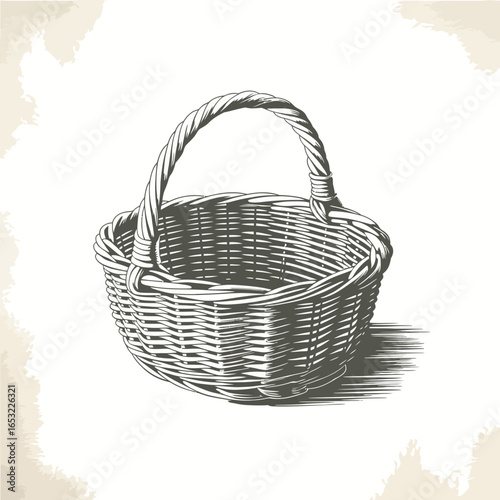 Woven willow basket with handle isolated on white background