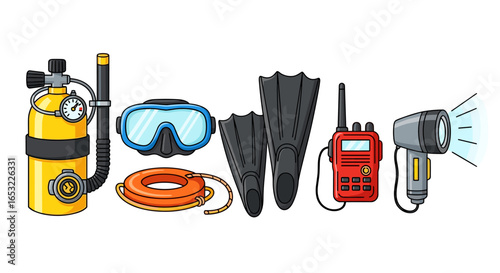 Cartoon Scuba Diving Equipment Set Against Clean White Backdrop