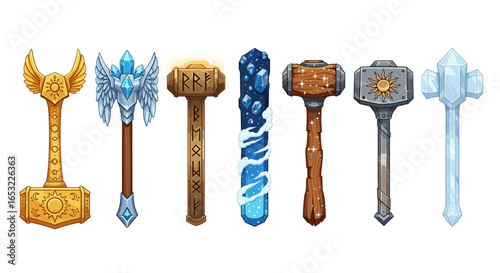 Assortment of Enchanted Hammers with Elemental Designs on a White Backdrop