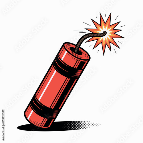 Exploding dynamite stick with burning fuse and spark