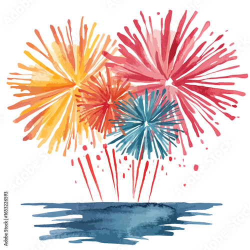 Vibrant Watercolor Fireworks Display Over a Blue Horizon