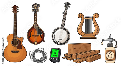 Collection of Stringed Musical Instruments and Accessories on a White Background