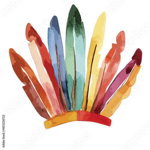 Vibrant Watercolor Headdress of Colorful Feathers