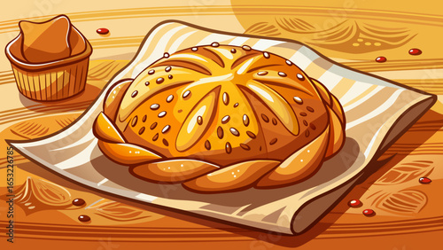 Golden pirozhok with sesame seeds resting on parchment paper in a bakery environment white background