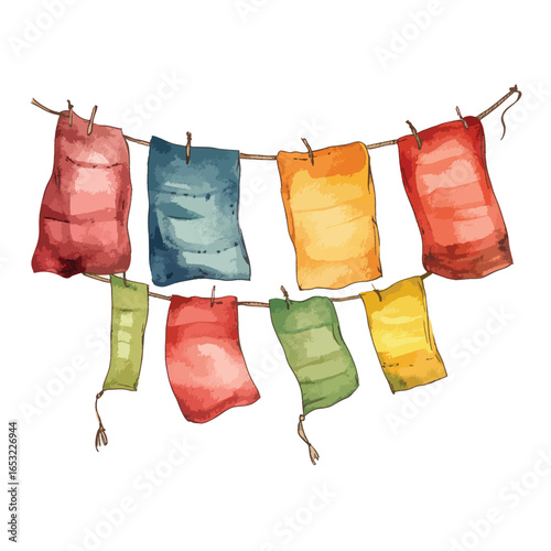 Vibrant Watercolor Prayer Flags Hanging on a Line