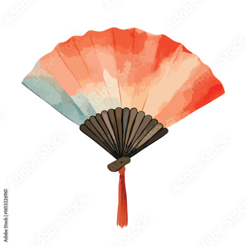 Vibrant Watercolor Painted Asian Hand Fan with Tassel