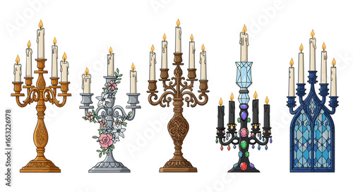 Assortment of Ornate Candelabras with Burning Candles on White Background