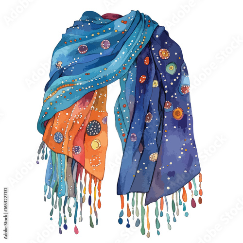 Vibrant Watercolor Scarf with Colorful Dots and Tassels