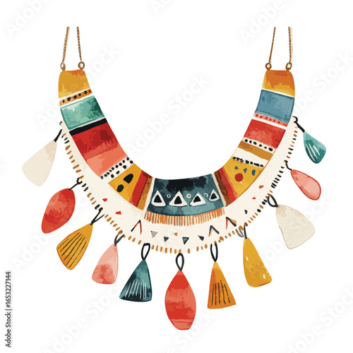 Vibrant Watercolor Statement Necklace with Geometric Tribal Design and Colorful Pendants