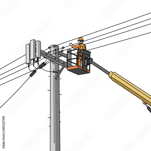 Technician Inspecting Electrical Pole with Aerial Lift