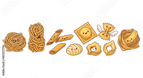 Cute Cartoon Pasta Varieties Lined Up on White Background
