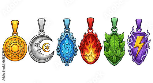 Cartoon Pendants Representing Classic Elements, Isolated on White Background