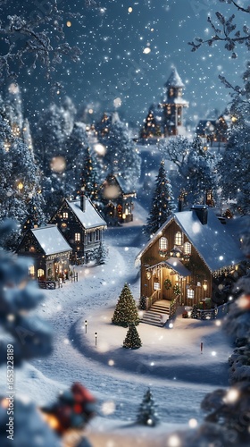 Cozy winter village scene with snow falling and warm lights
