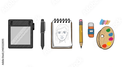 Artistic tools arranged on a white background ready for creative drawing