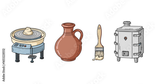 Artistic pottery making equipment on a clean white background illustration