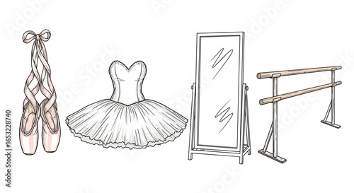Elegant ballet essentials including pointe shoes, tutu, mirror and barre.